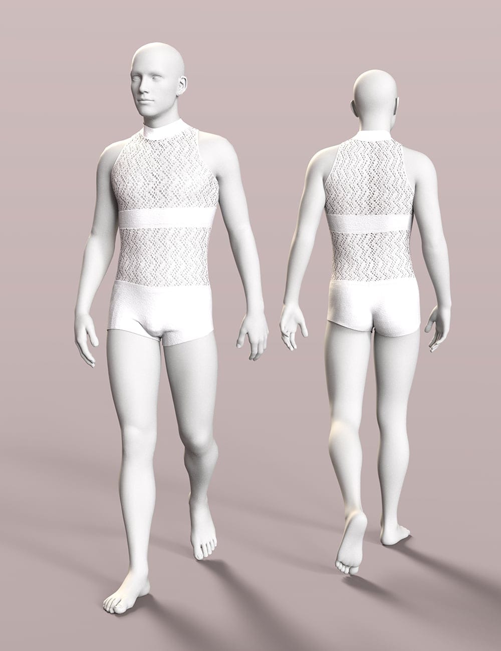 Front and back views of white mannequins wearing Jozsi chevron knit top and briefs.