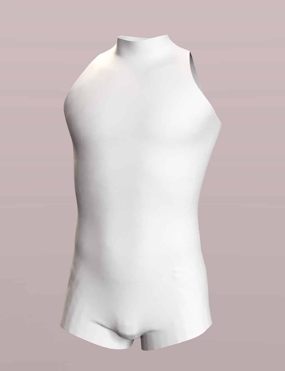 White male mannequin torso with broad shoulders and upper thighs on a dusty pink background.