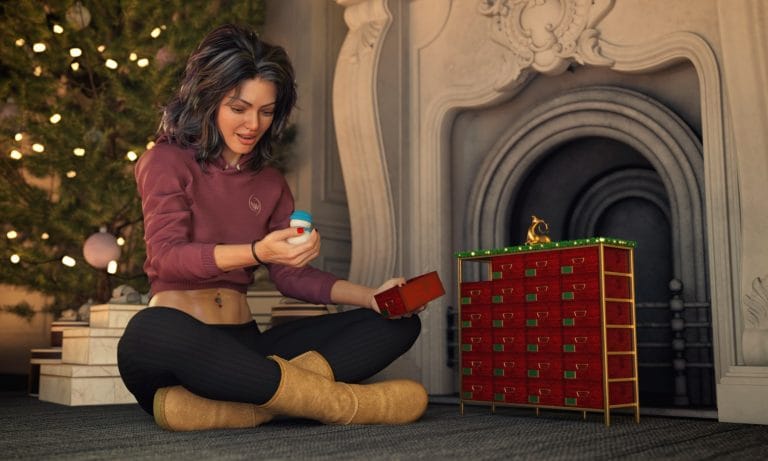 Woman opening a red Advent calendar beside an ornate fireplace and lit Christmas tree.