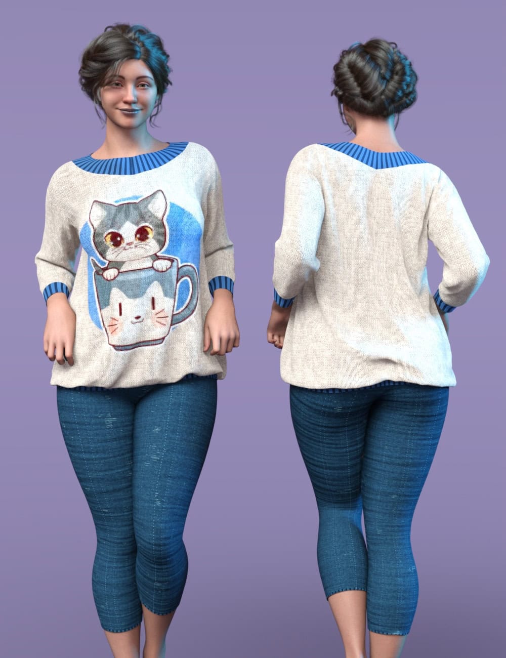 Front and back views of curvy 3D woman in cat sweater and teal capri pants.
