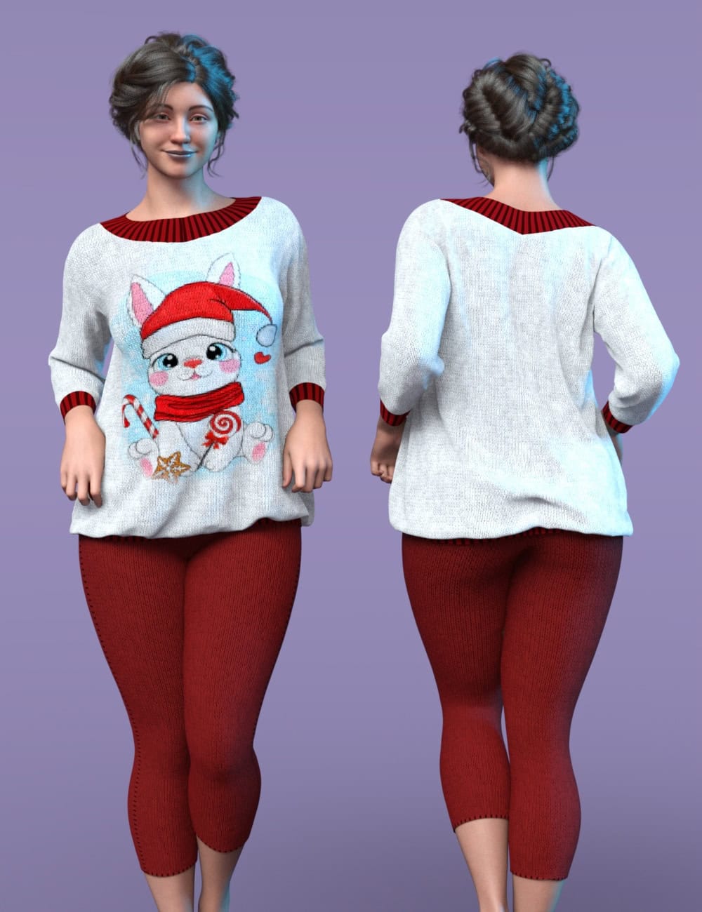 Front and back views of festive cat Christmas sweater outfit with burgundy leggings.