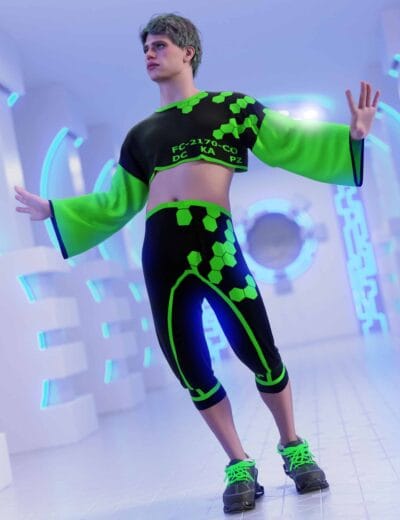 Daz Genesis 9 character wearing a neon green cyberpunk outfit in a futuristic interior.