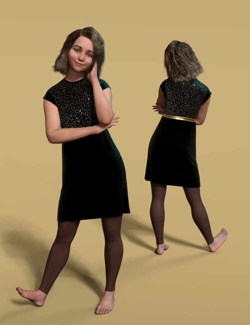 DAZ Genesis 9 model wearing a modern black glitter mini dress, shown front and back.