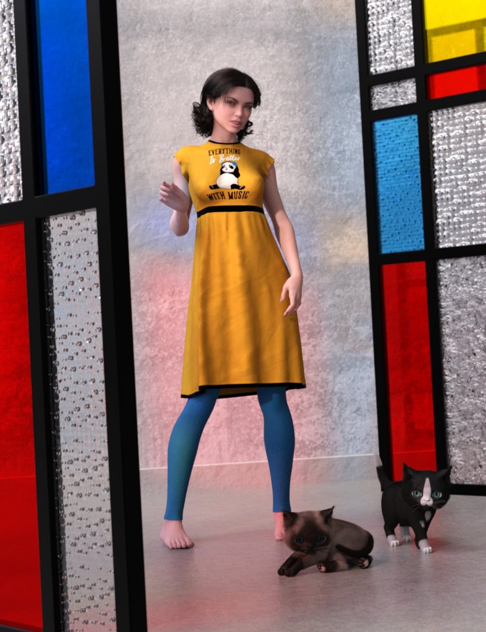 DAZ Genesis 9 woman in modern mustard outfit poses barefoot with two cats.