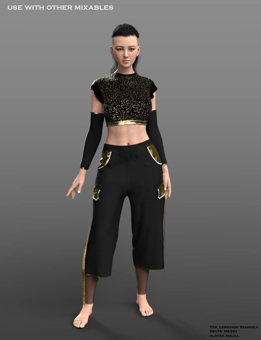 Daz Genesis 9 model wearing a modern black and gold outfit.