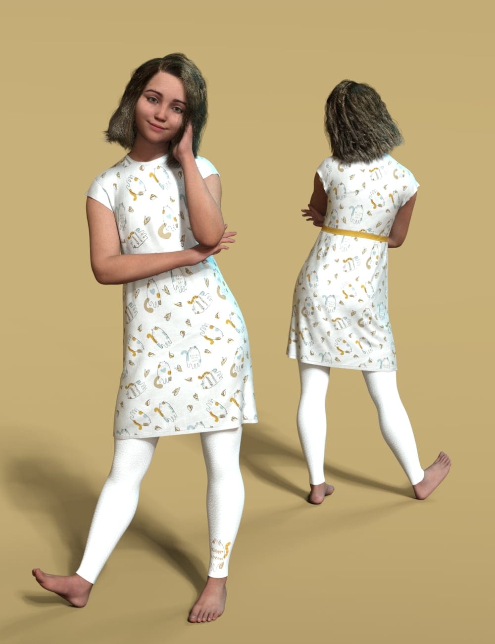 DAZ Genesis 9 woman modeling a modern patterned white dress from front and back.