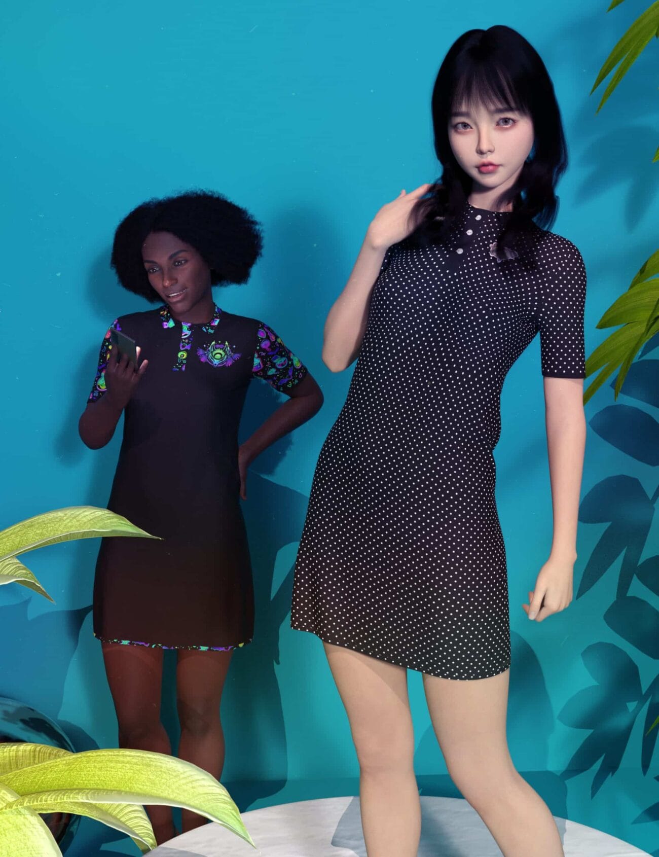 Two fashion models in Aranka polka dot and floral dresses pose against a turquoise wall.