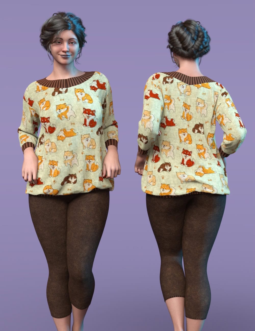Front and back views of 3D woman in mint cat-print sweater and capri leggings.