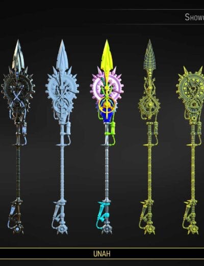 Steampunk Staff Prop Collection for Daz Studio Five ornate steampunk staff props with gears and metallic textures for Daz Studio.