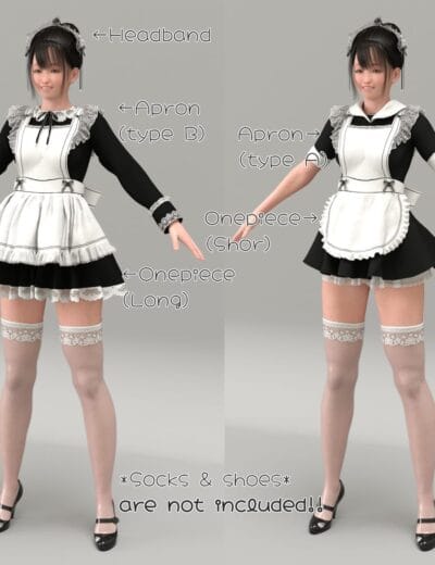 dForce Cute Maid Outfit for G8F with long and short dress options.