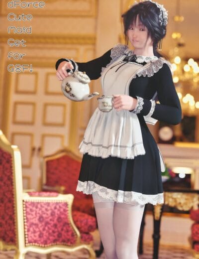 Genesis 8 Female wearing a cute maid outfit and serving tea in an elegant room.