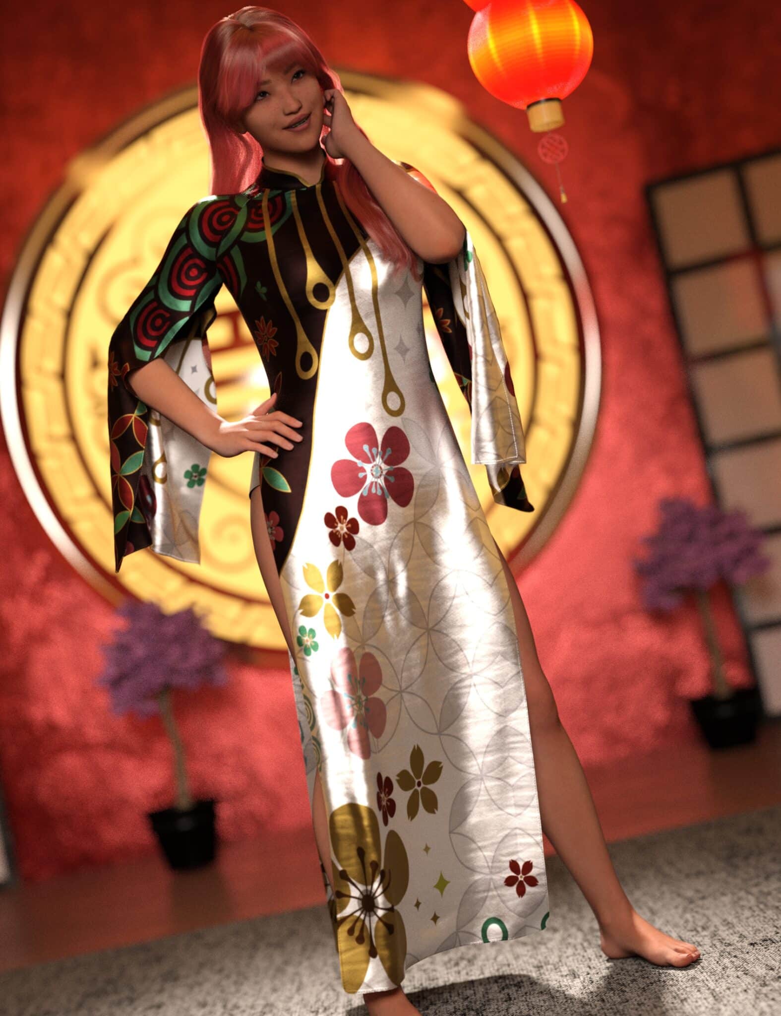 Daz Studio Genesis 9 woman wearing a floral qipao in an elegant East Asian interior.
