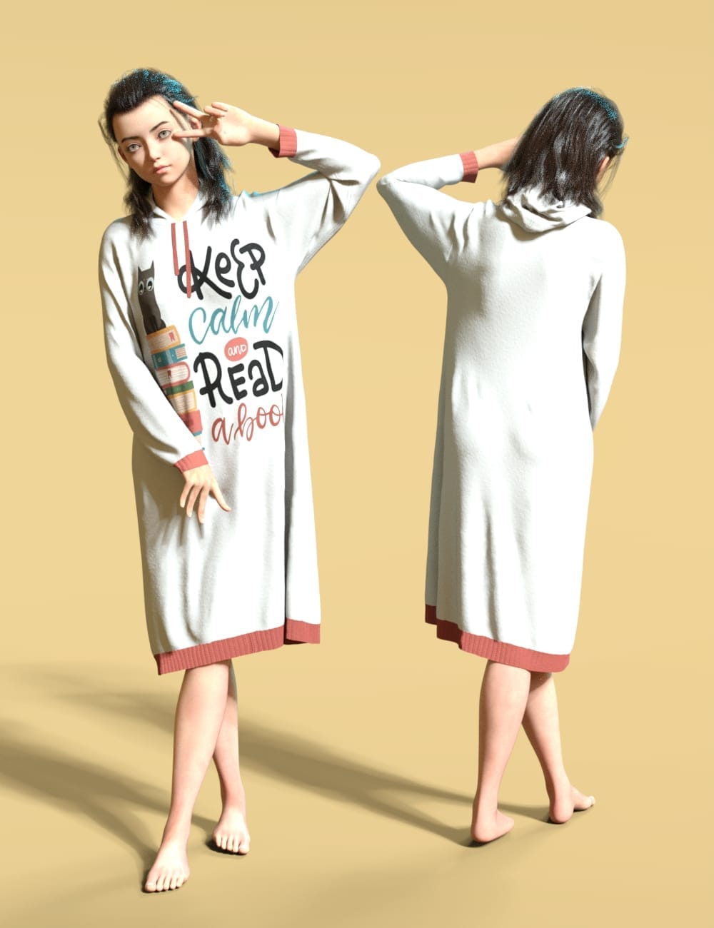 Front and back views of Genesis 9 model wearing a Keep Calm hoodie dress.