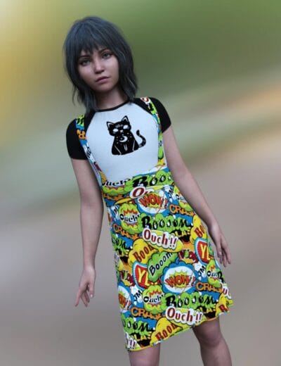 Stylized young woman wearing a colorful comic book dress and black-and-white cat graphic shirt.