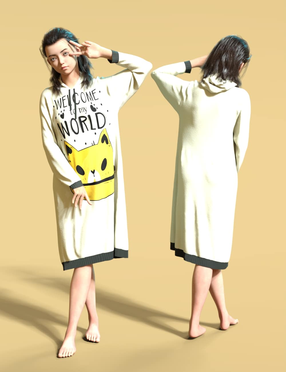 Genesis 9 woman modeling cream hoodie dress with cat graphic, front and back views.