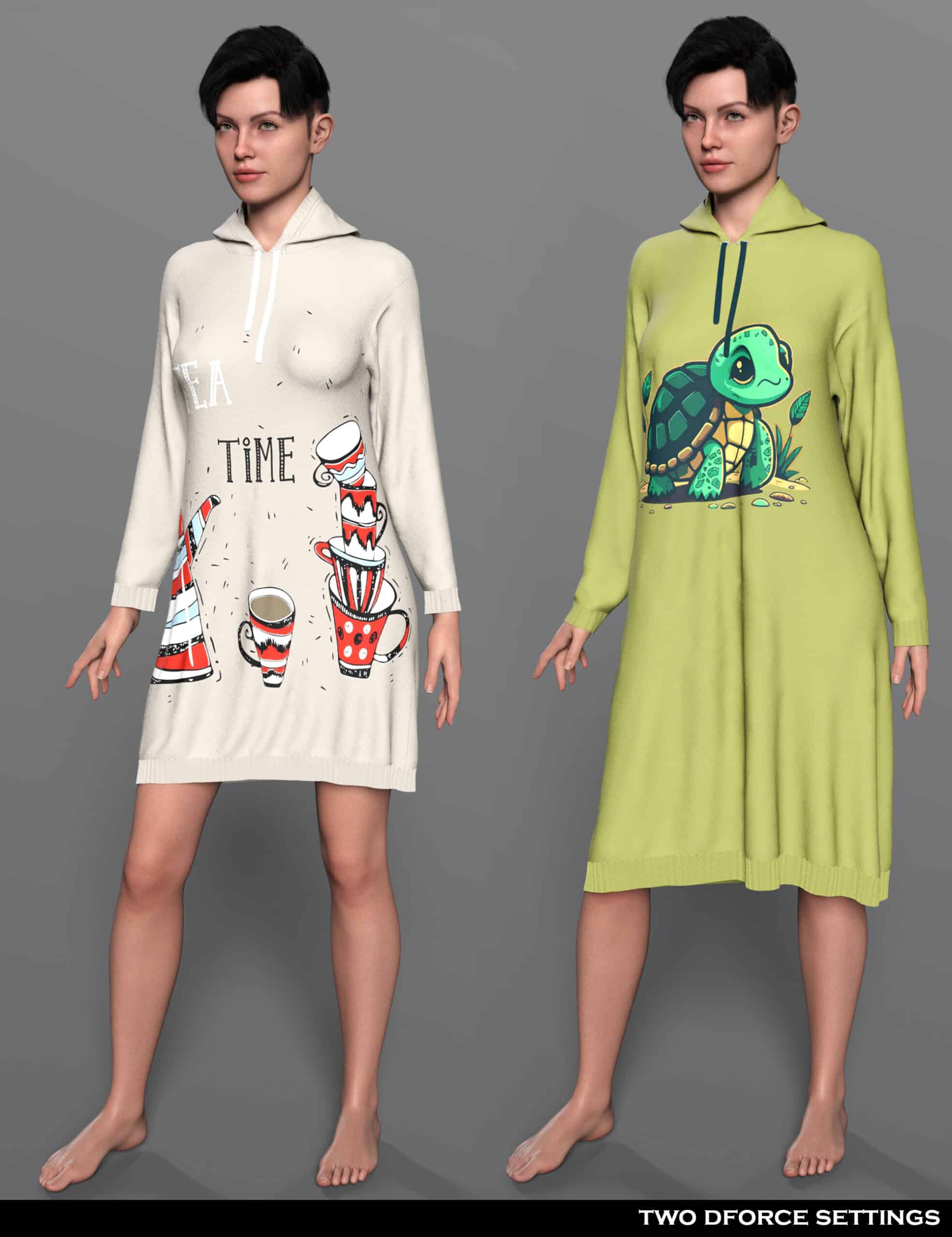 Genesis 9 female models wearing cream café-print and lime turtle dForce hoodie dresses.