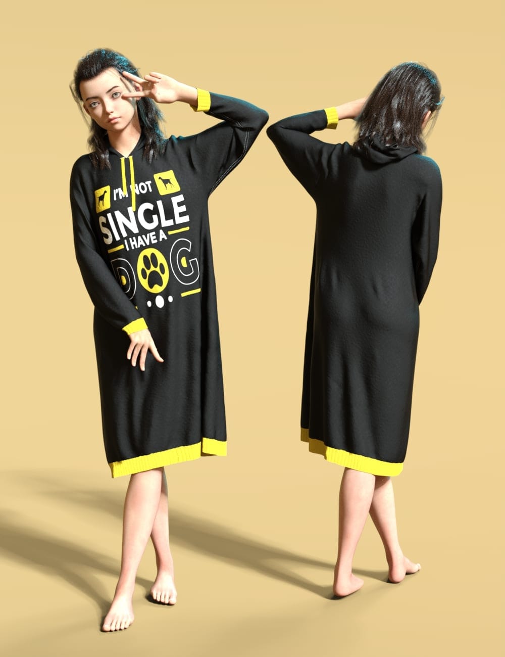 Front and back views of Genesis 9 wearing a black dForce hoodie dress with yellow trim.