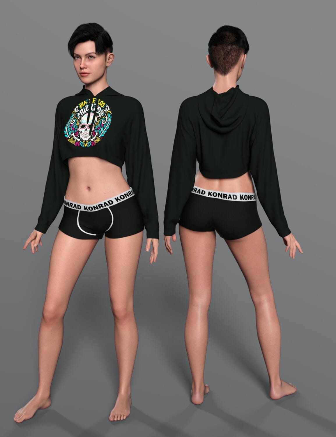 Genesis 9 female model in front and back views wearing a black cropped skull hoodie.