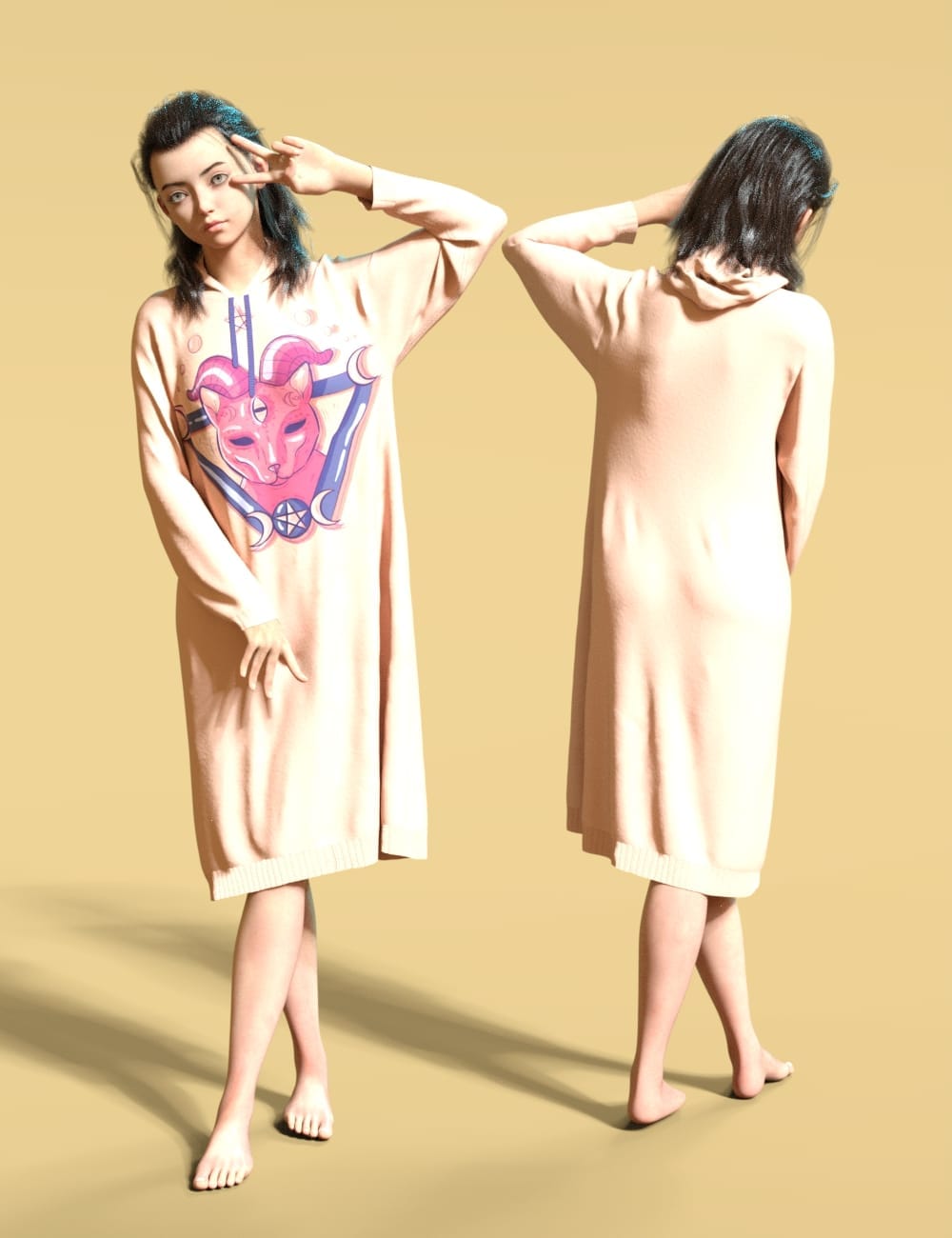 Genesis 9 models showcase oversized graphic hoodie dresses against a mustard-yellow backdrop.