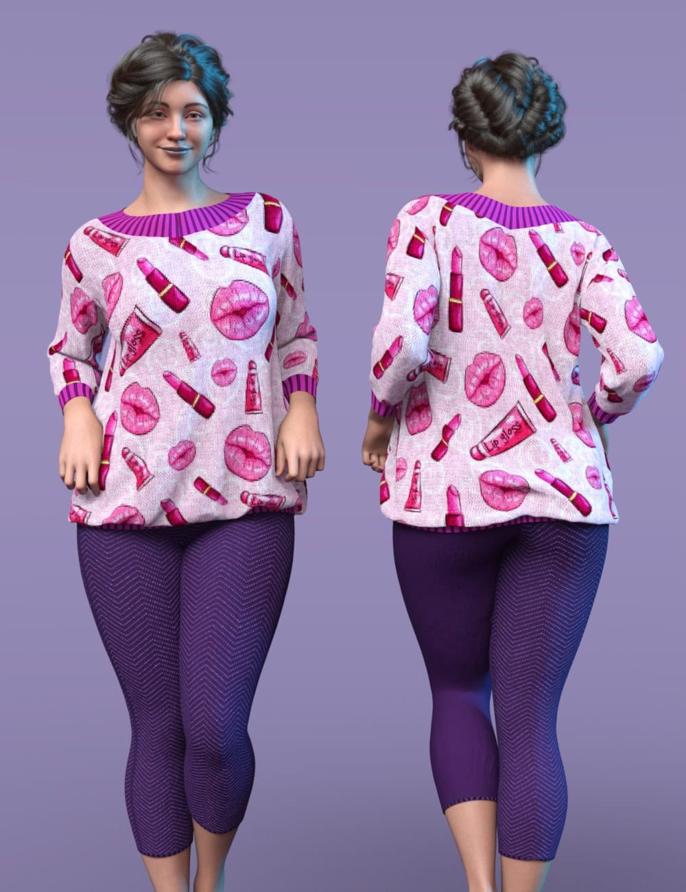 Front and back views of woman in pink makeup-print tunic and purple capri leggings.
