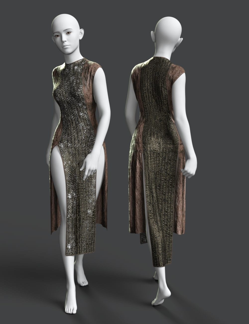 Genesis 9 mannequins model front and back views of a metallic draped dress outfit.