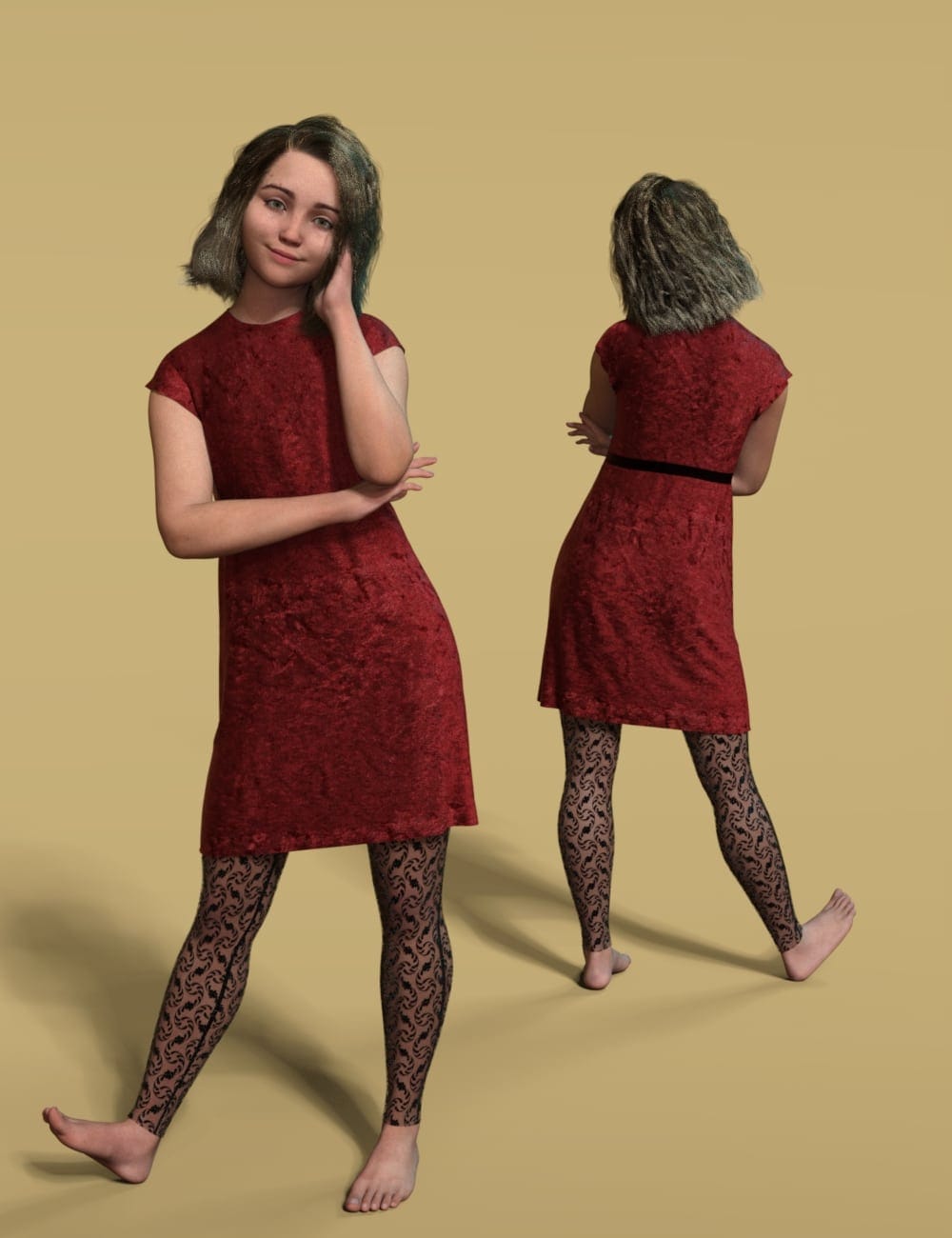 DAZ Genesis 9 model in modern burgundy dress and floral tights, front and back views.