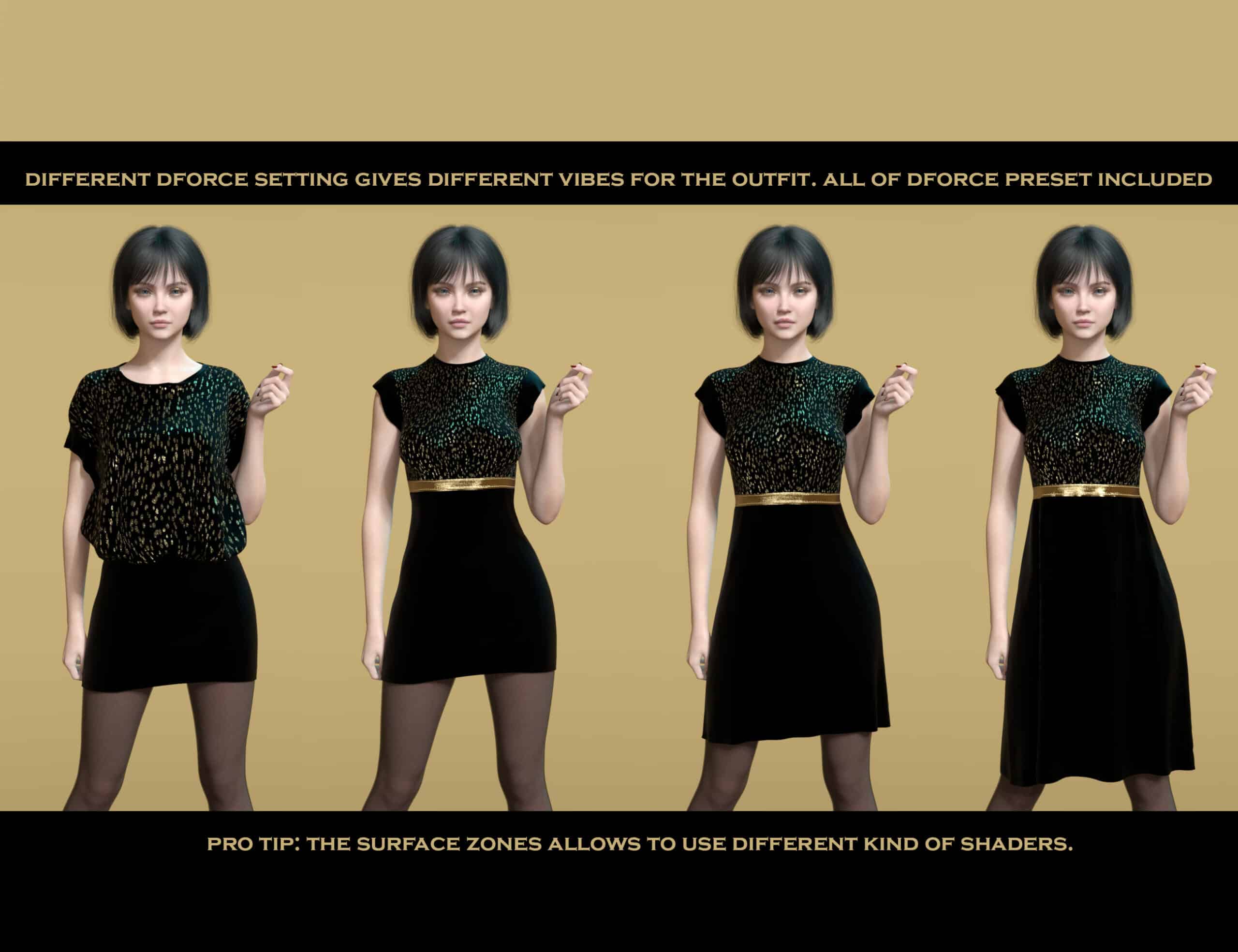 Four Daz Genesis 9 renders show modern black outfit variations with different dForce draping.