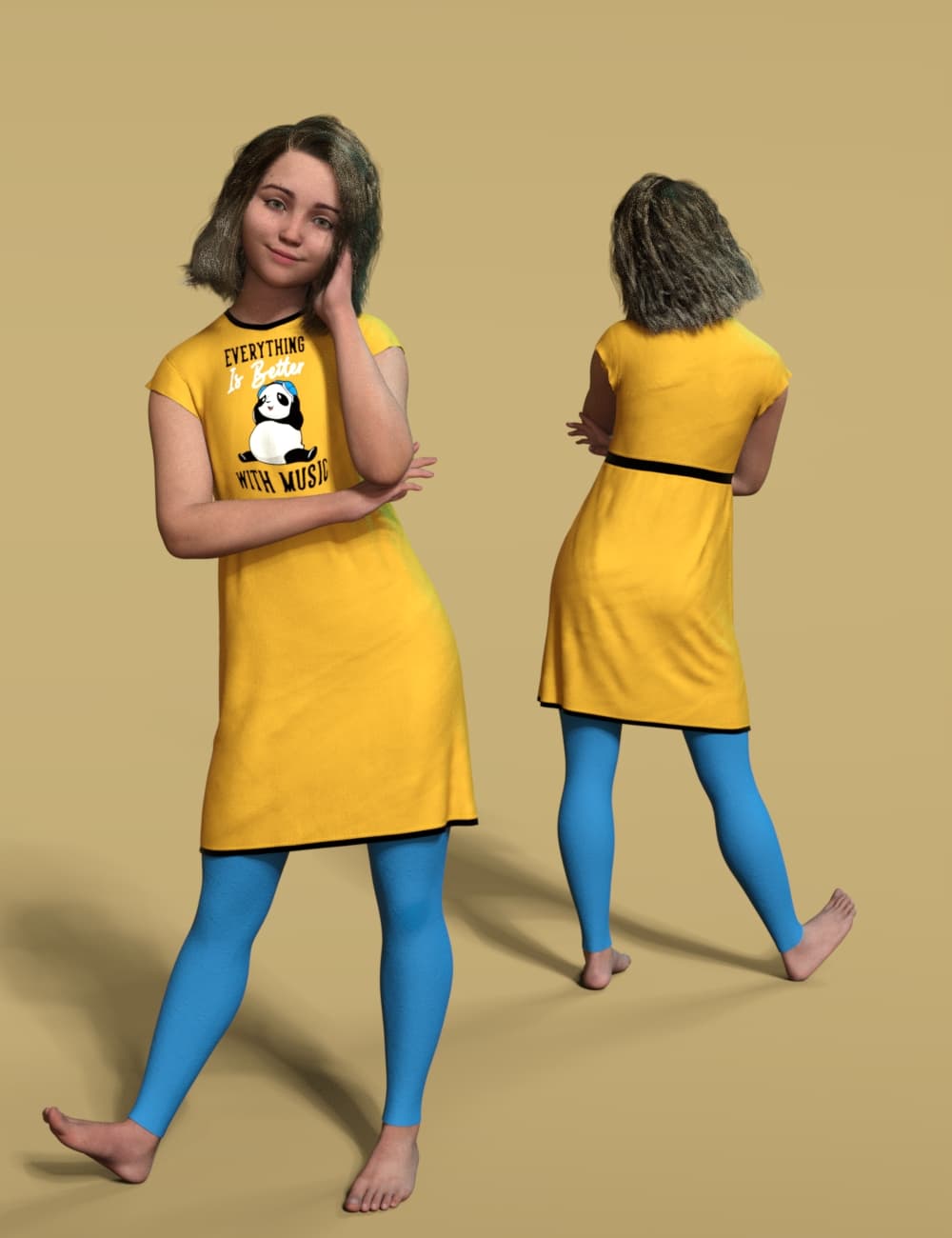 Daz Genesis 9 model wearing a modern yellow graphic dress and blue tights, front and back views.
