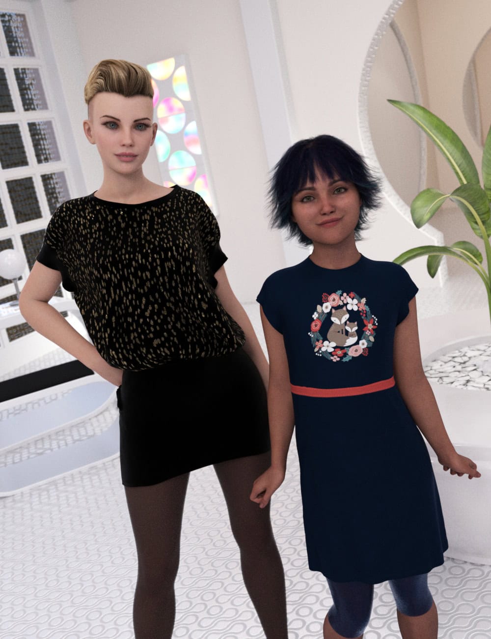 Two DAZ Genesis 9 figures modeling modern outfits in a bright interior.
