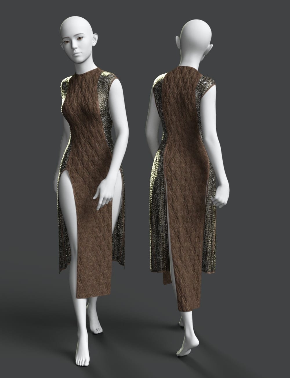 Daz Genesis 9 mannequins showcase a textured brown dress outfit with shimmering side panels.
