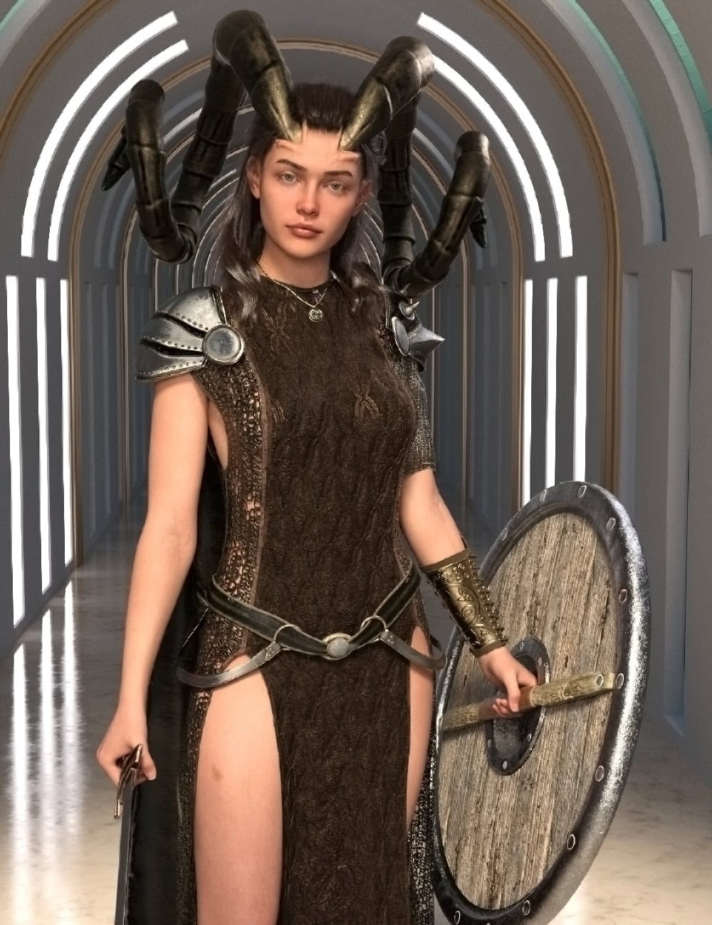 Daz Genesis 9 horned fantasy warrior outfit with wooden shield in futuristic corridor