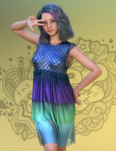 Daz Genesis 9 woman models the colorful dForce Sarikam outfit with iridescent scales.