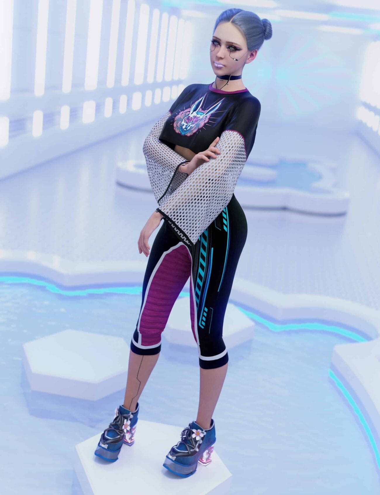 Daz Genesis 9 character models a colorful cyberpunk outfit in a futuristic interior.
