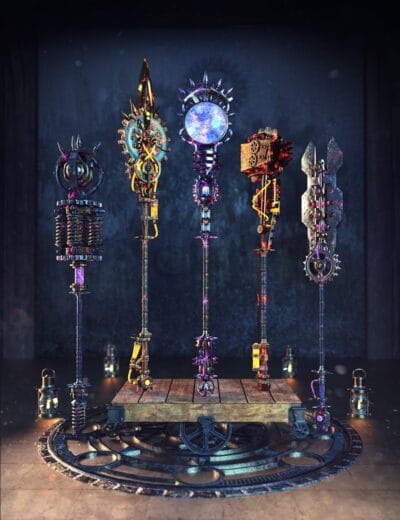 Five ornate steampunk fantasy staffs displayed on a clockwork dais in a dark DAZ Studio armory.