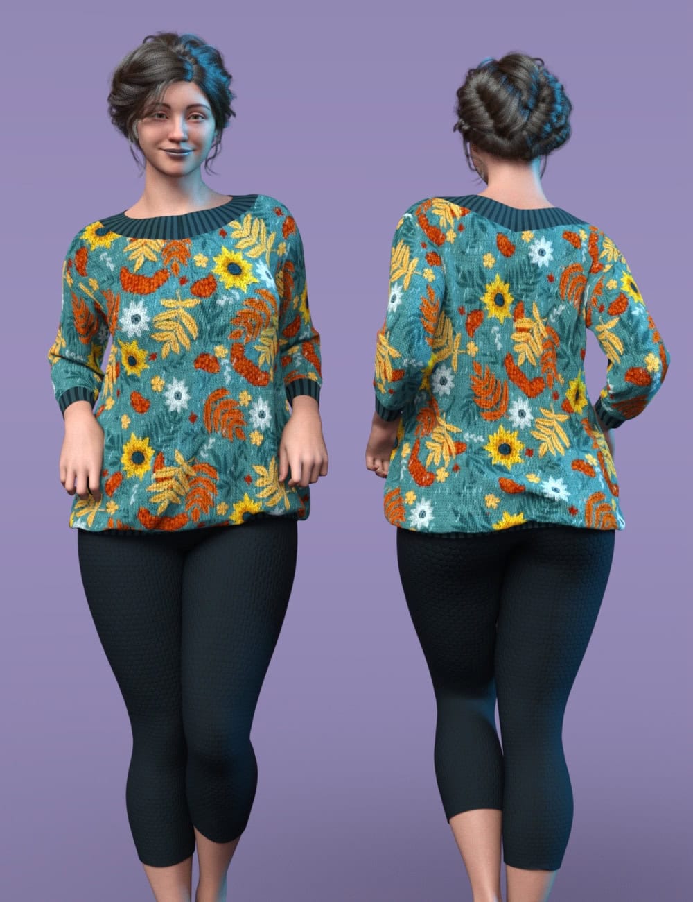 Front and back views of woman wearing teal floral tunic and black capri leggings.
