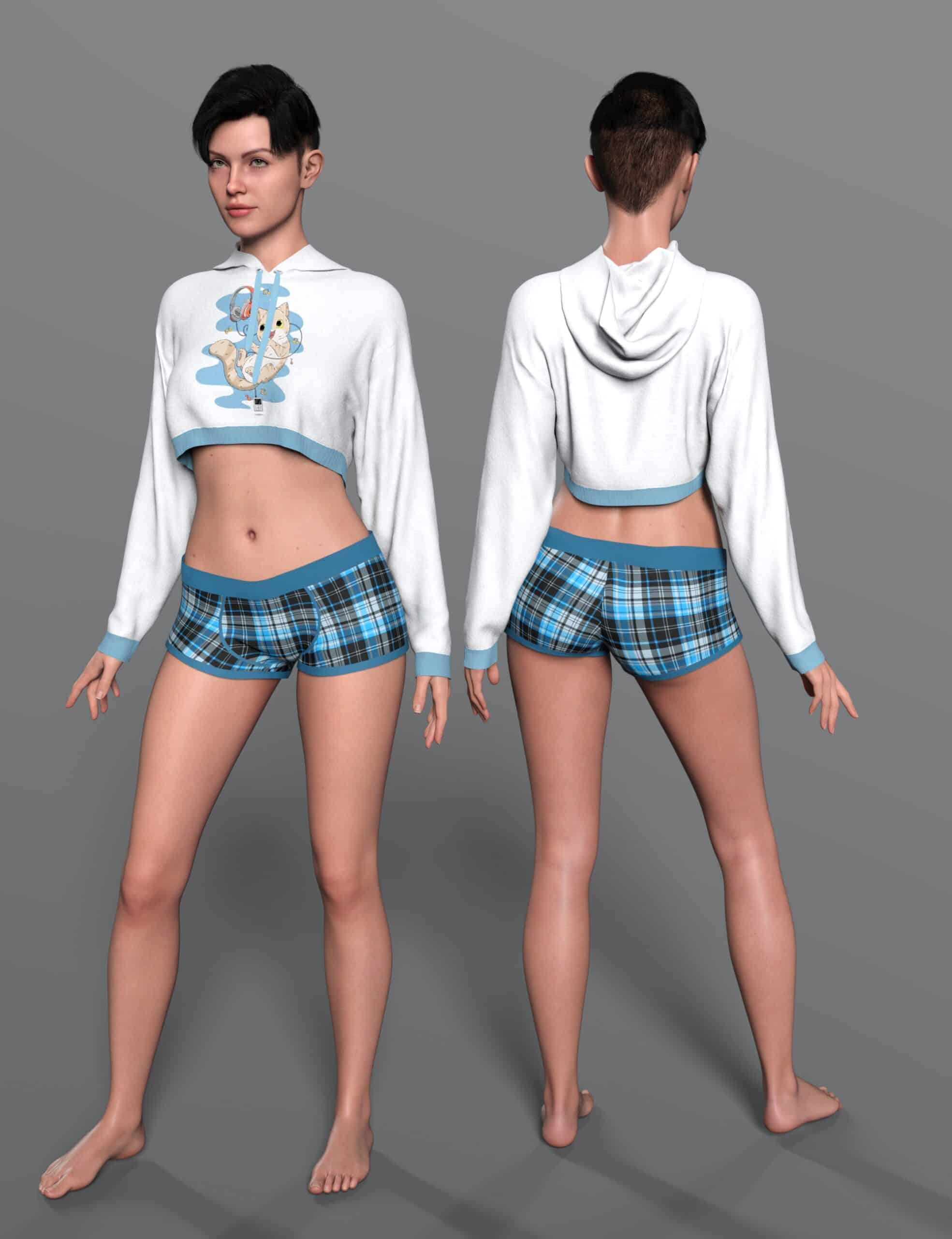 Front and back Genesis 9 model wearing a white cropped hoodie and blue plaid shorts.