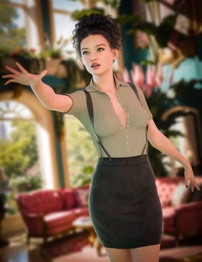 Stylized woman in olive blouse, suspenders, and black skirt gesturing in a sunlit conservatory.