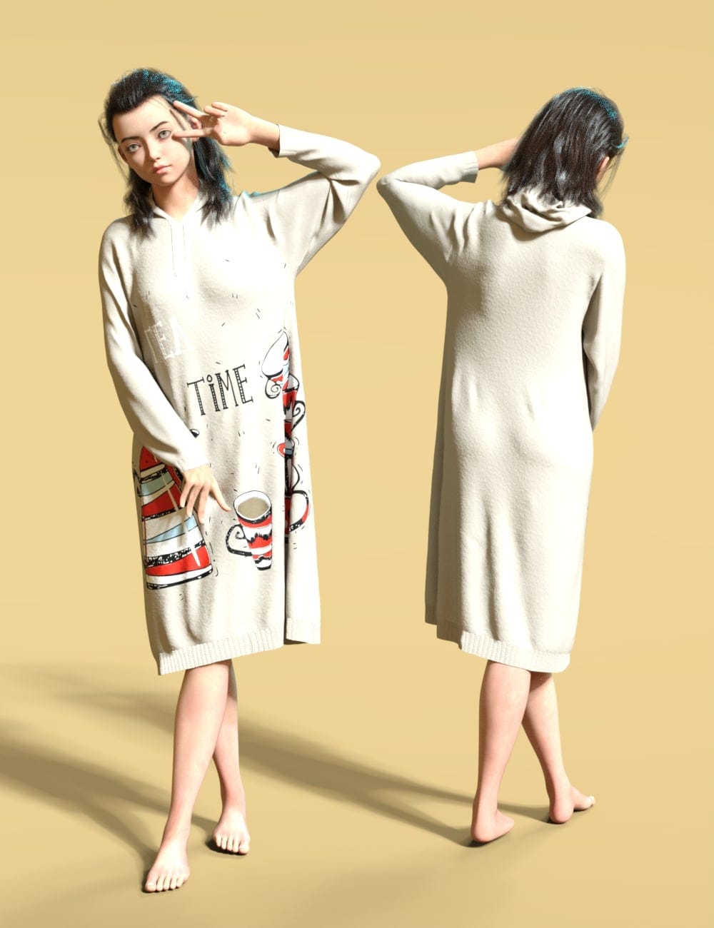 Genesis 9 model wearing a cream dForce knit hoodie dress with TIME graphic, front and back views.