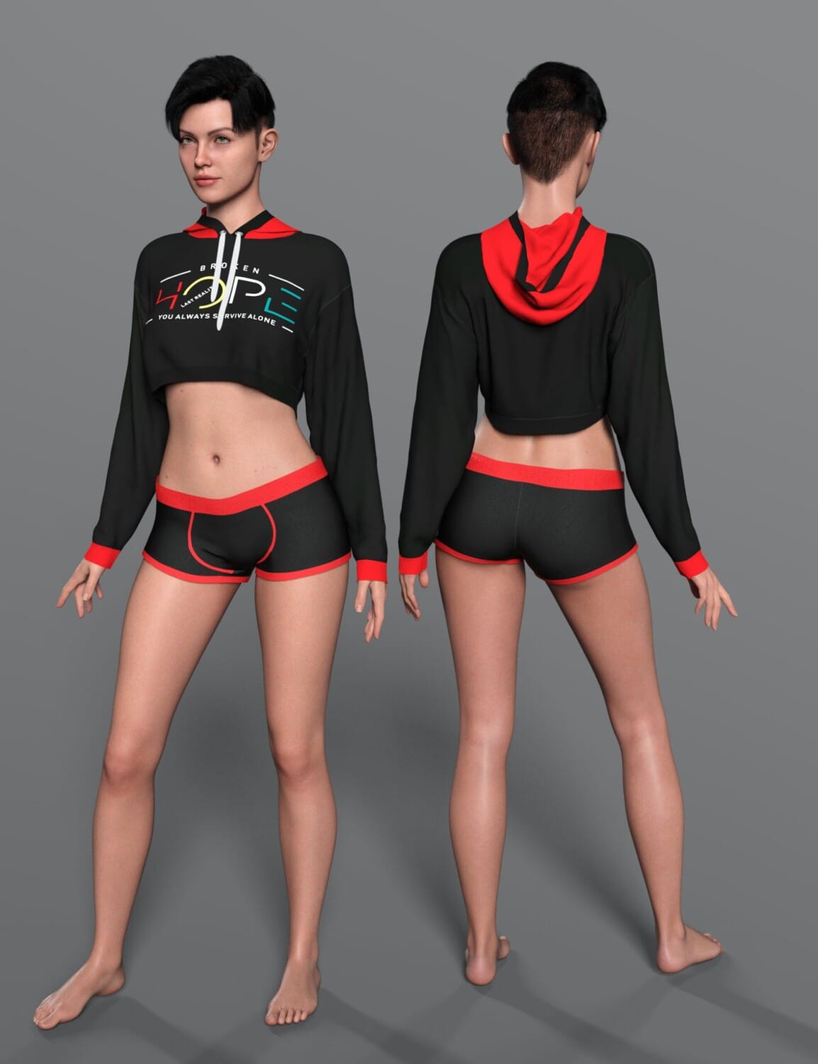 Genesis 9 female model wearing a black cropped hoodie and red-trimmed athletic shorts, front and back.