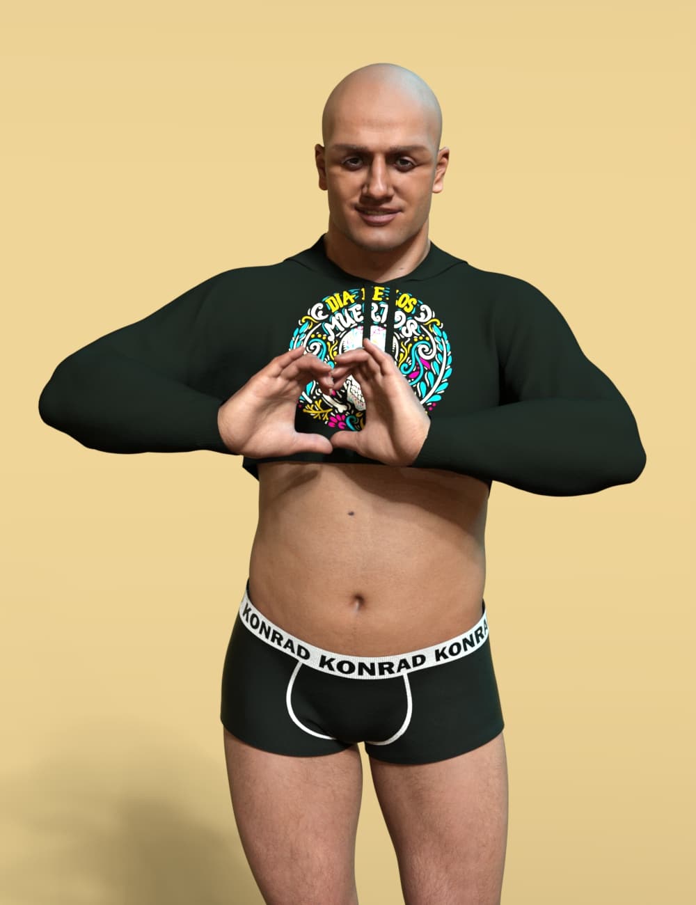 Genesis 9 male model forms a heart while wearing a graphic hoodie and KONRAD briefs.