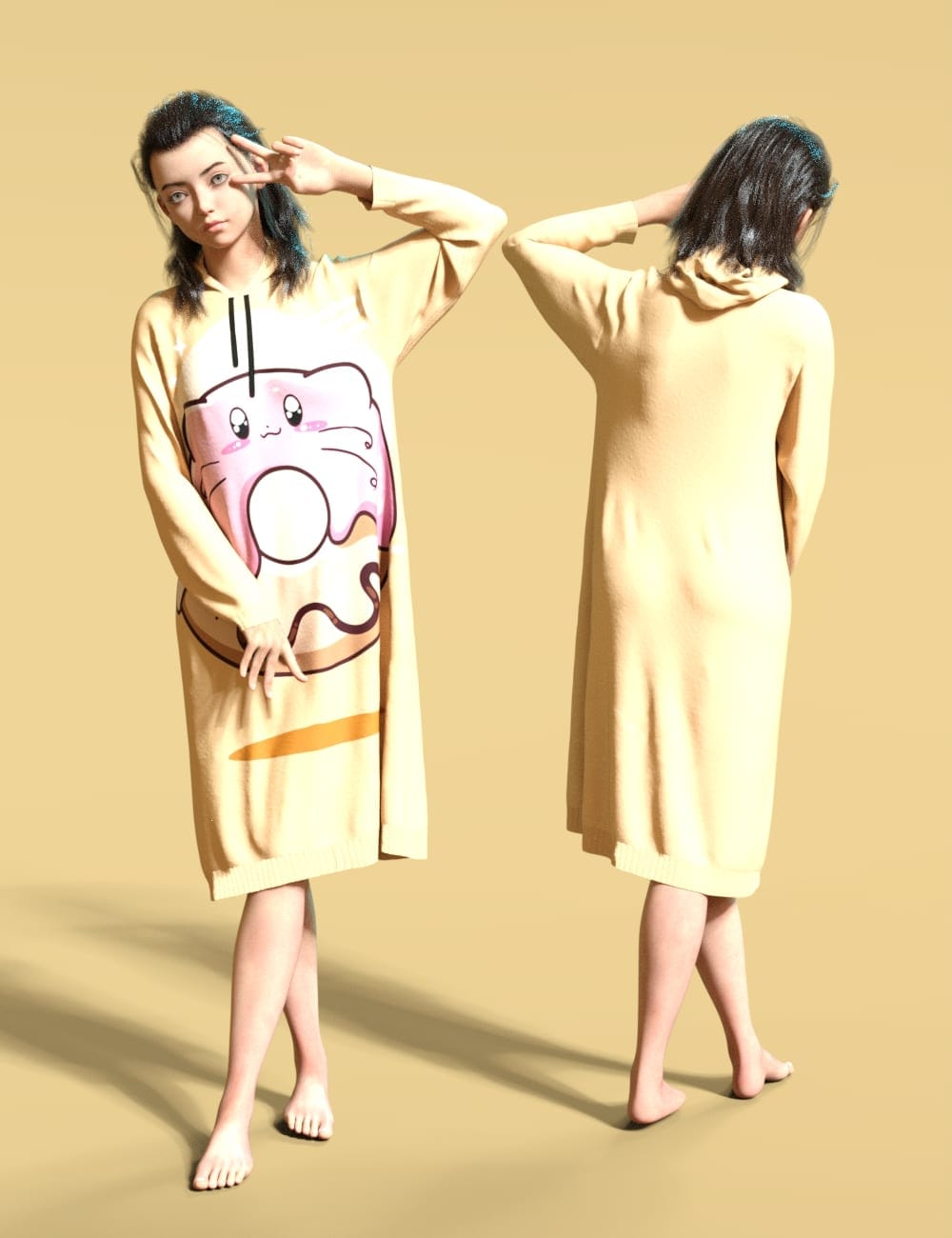 Two women model beige Genesis 9 oversized hoodies in front and back views.