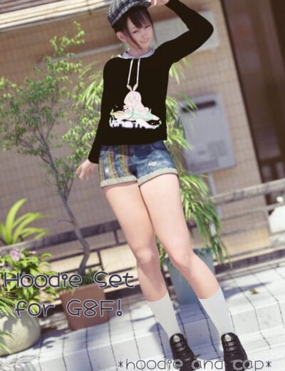 Genesis 8 DAZ model wearing a black hoodie, plaid cap, denim shorts, and platform shoes.
