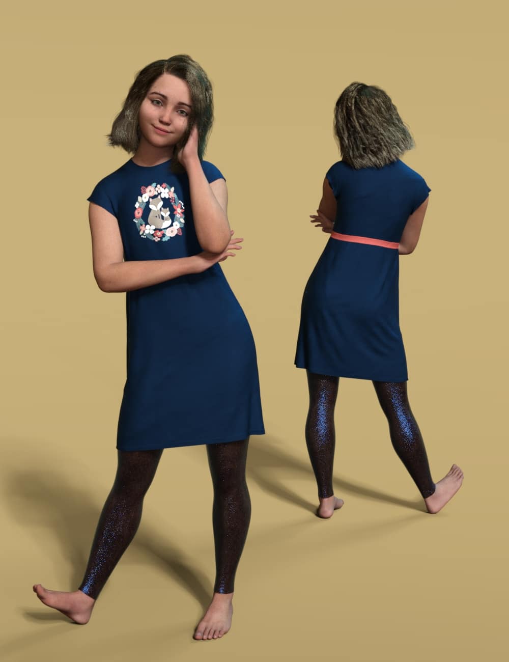 DAZ Genesis 9 woman modeling a modern navy dress outfit, shown front and back.