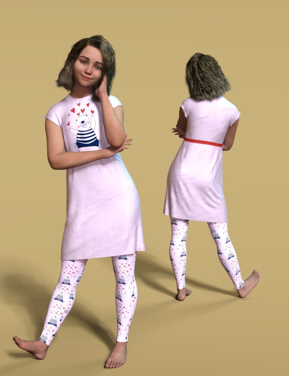 Daz Genesis 9 girl modeling a modern pink dress and patterned tights, front and back views.