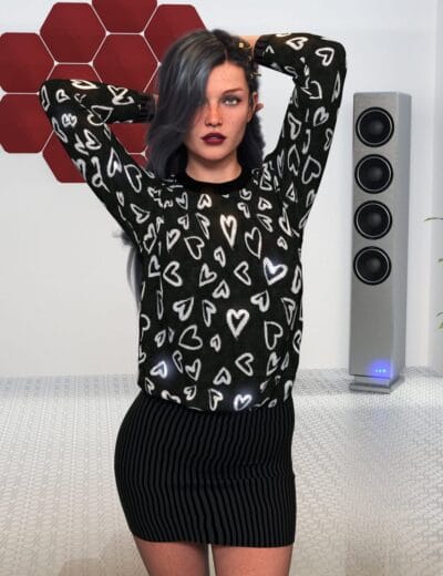 3D fashion model in a heart-patterned sweater and black pleated skirt poses indoors.