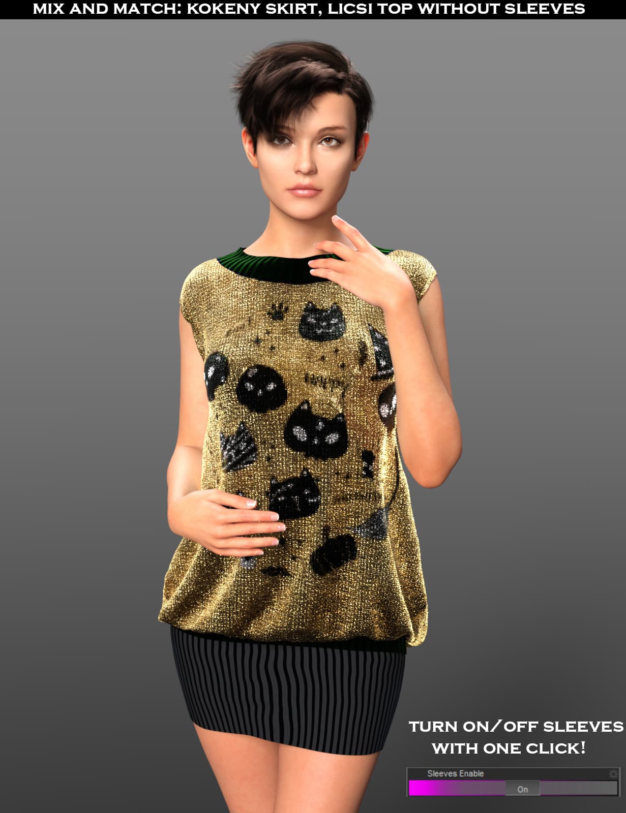 Genesis 9 avatar wearing a gold Licsi sleeveless top and striped Kokeny skirt.