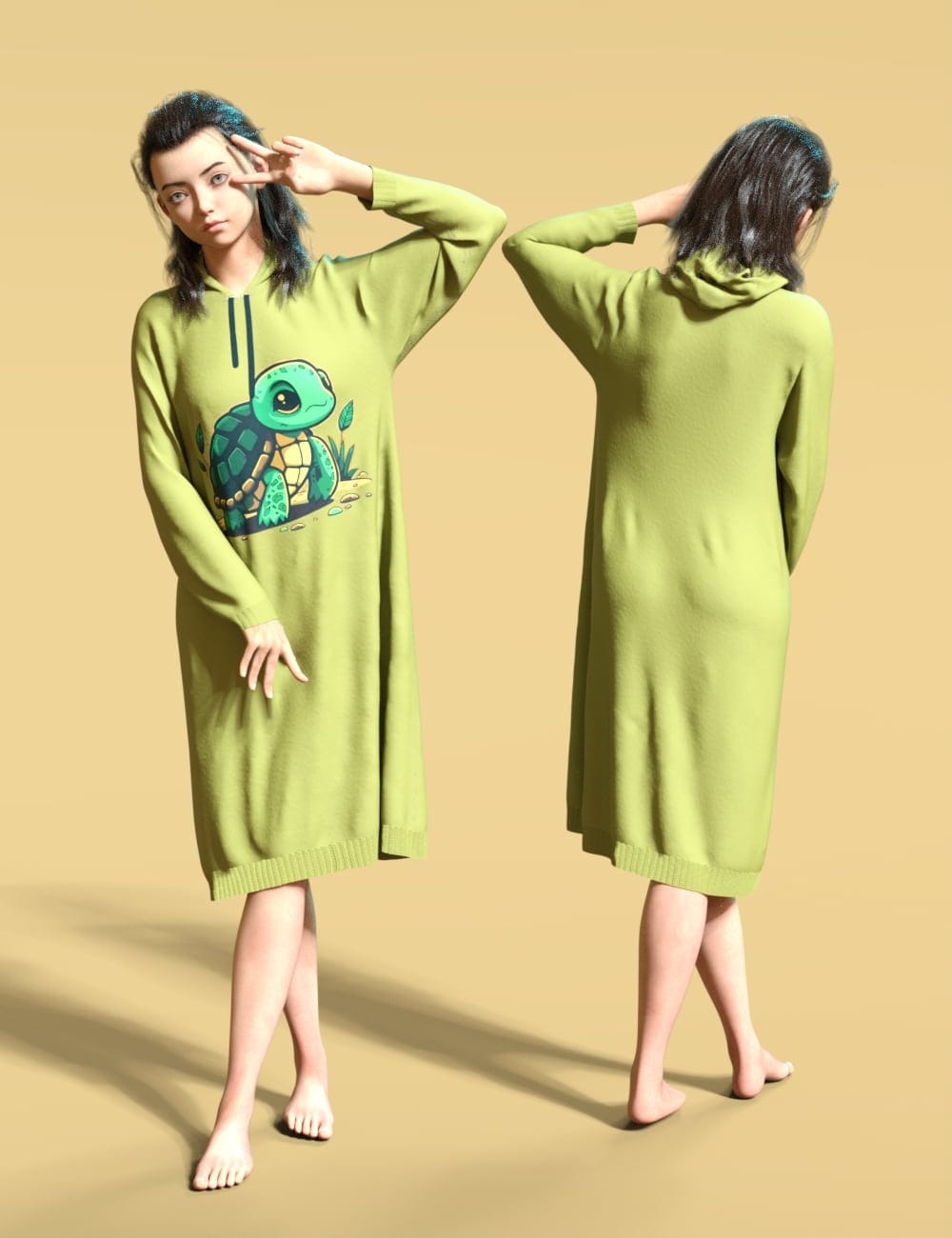 Front and back views of Genesis 9 model wearing a lime green turtle hoodie dress.