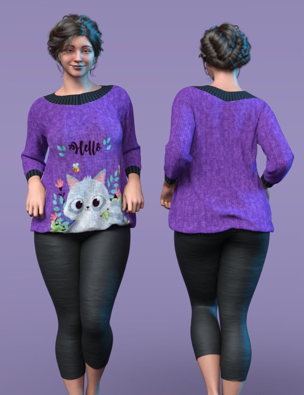 Front and back views of 3D model wearing purple owl sweater and black leggings