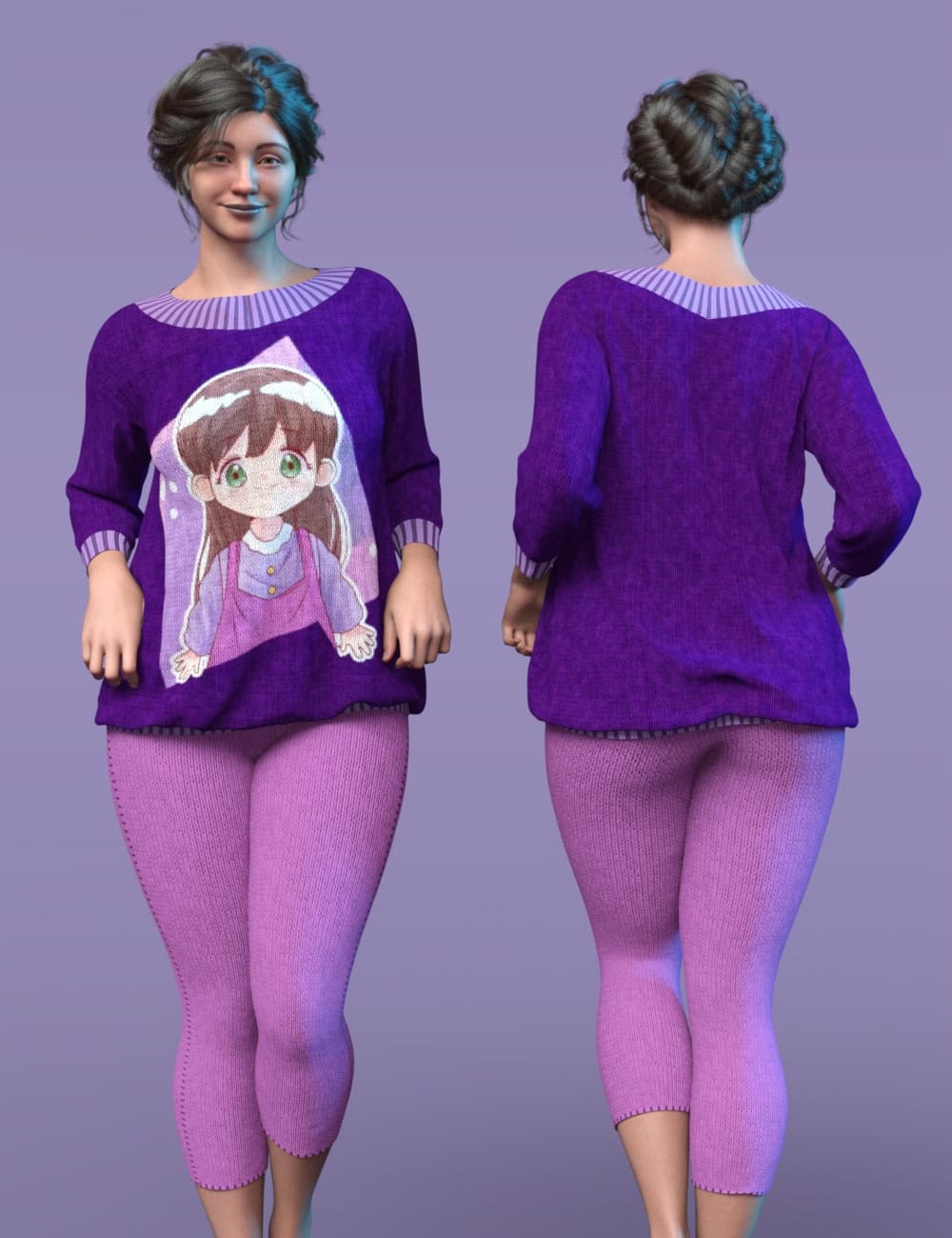 Front and back views of 3D woman wearing purple anime sweater and cropped leggings.