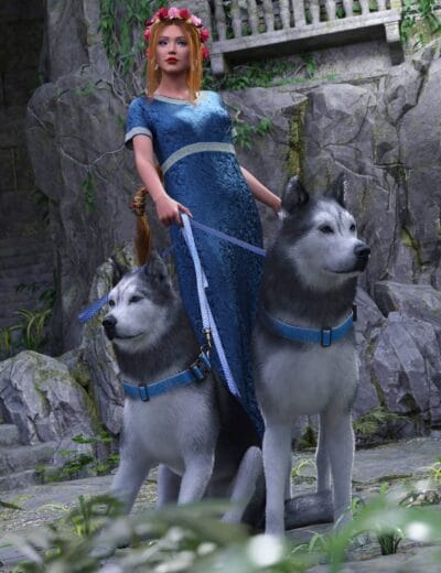 Fantasy woman in blue dress leads two huskies through vine-covered ancient ruins.